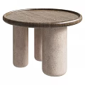 Modern Round Side Table With Textured Wooden Top And Three Cylindrical Concrete Bases