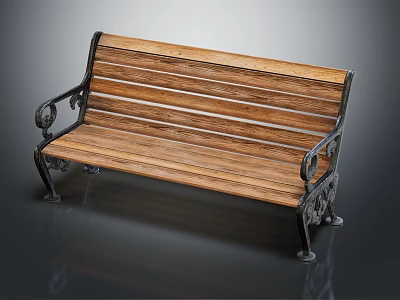 Classic Wooden Outdoor Bench with Metal Armrests and Ornate Iron Frame Design 3d model