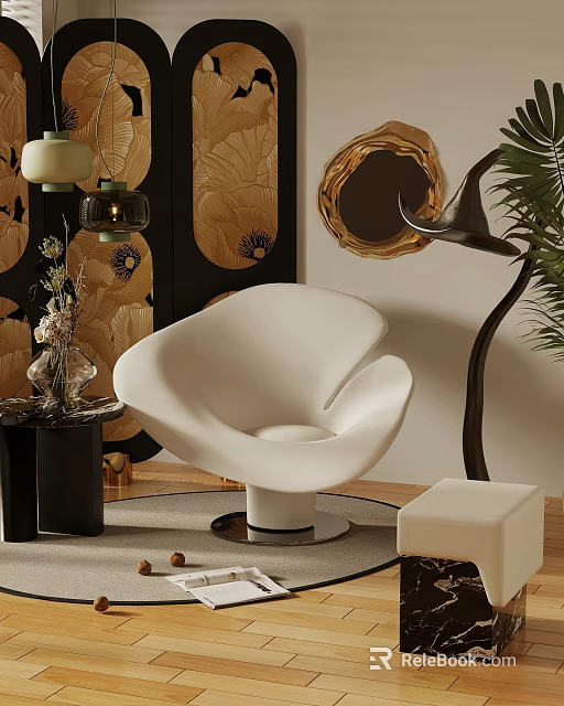 Modern White Accent Chair with Golden Decor Black Side Table Plant and Floor Lamp 3d model 