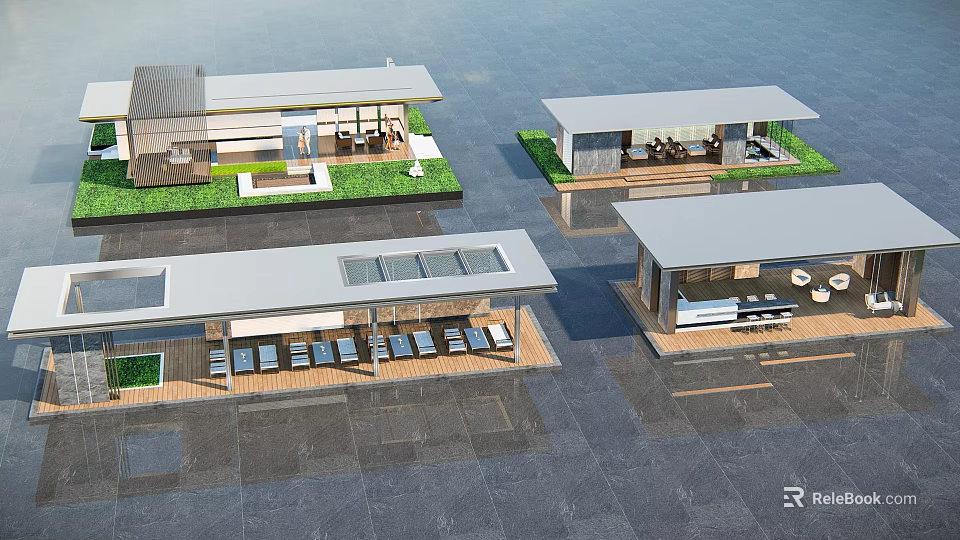 Modern Architectural Structures With Green Lawns And Outdoor Seating On Platforms 3d model