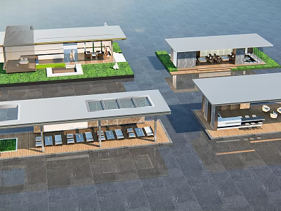 Modern Architectural Structures With Green Lawns And Outdoor Seating On Platforms 3d model