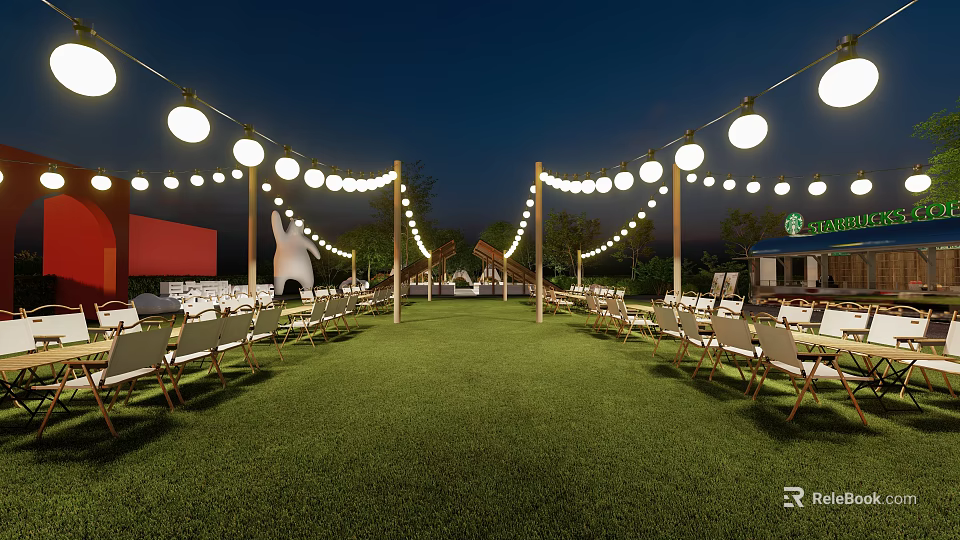 Cozy Nighttime Campsite With Green Lawn String Lights Outdoor Chairs And Relaxation Area 3d model 