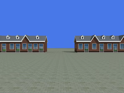Two Rows of Red Brick Buildings With Gray Roofs and Paved Courtyard Under Blue Sky 3d model