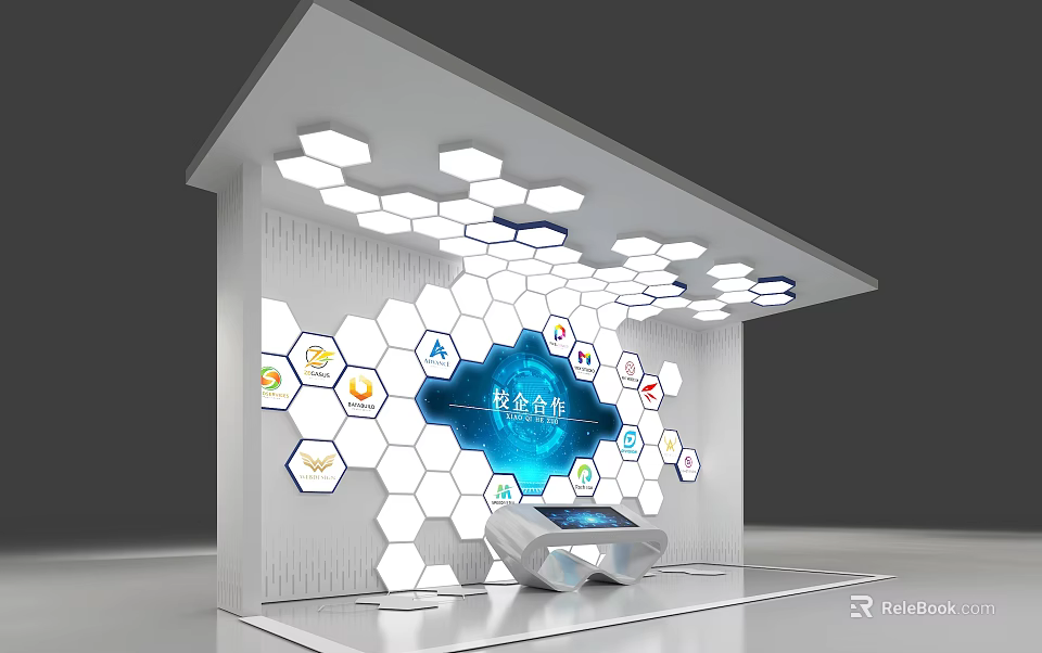 Modern Cultural Center Interior With Hexagonal Design And Digital Interactive Displays 3d model