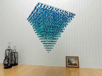 Blue Gradient Crystal Chandelier Design Hanging In Room With White Walls Wooden Floor And Artwork 3d model