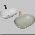 Modern Oval White And Light Grey Washbasins With Black And Golden Faucets