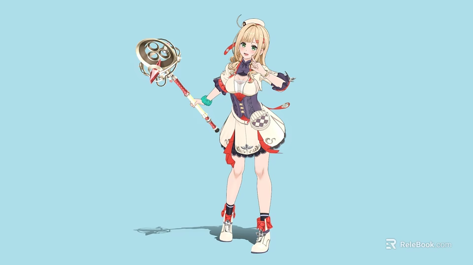 Anime Style Blonde Woman Holding Decorative Staff In Colorful Outfit With Ribbons 3d model 