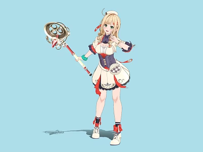 Anime Style Blonde Woman Holding Decorative Staff In Colorful Outfit With Ribbons 3d model