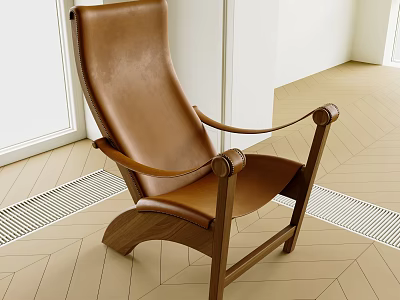 Modern Brown Leather Armchair With Wooden Frame In Bright Room With Wooden Floor 3d model