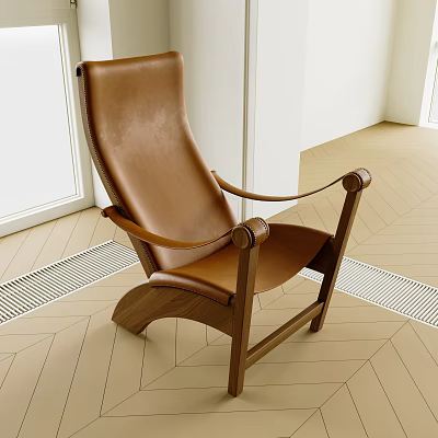 Modern Brown Leather Armchair With Wooden Frame In Bright Room With Wooden Floor 3d model