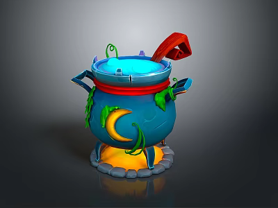 Decorative Magic Cauldron with Blue Body Red Lid Green Vines Moon Pattern and Yellow Flames 3d model