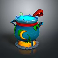 Decorative Magic Cauldron with Blue Body Red Lid Green Vines Moon Pattern and Yellow Flames