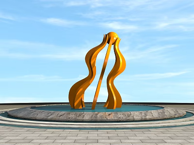 Urban Roadside Facilities With Golden Curved Sculpture On Circular Stone Base And Water Pool 3d model