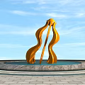 Urban Roadside Facilities With Golden Curved Sculpture On Circular Stone Base And Water Pool