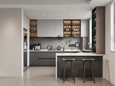 Modern Kitchen Interior Design With Open Layout Island Counter Appliances And Bar Stools 3d model