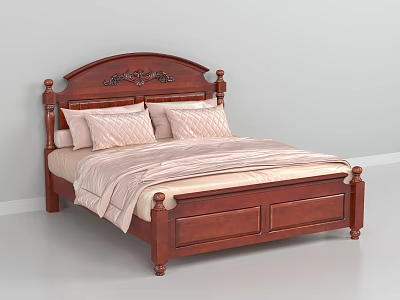 Dark brown wooden double bed with carved headboard and soft pillows quilt in bedroom 3d model