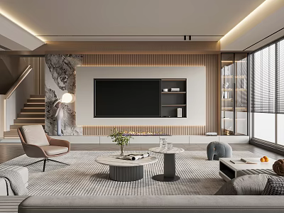 Modern Living Room Interior With TV Wall Sofa Coffee Table Rug And Large Windows 3d model
