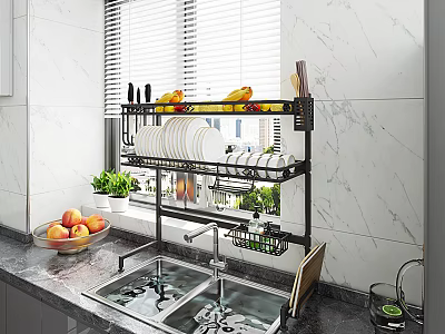 Practical Kitchenware Rack Holding Plates Knives Fruits and Green Plants on Marble Countertop Sink 3d model