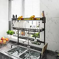 Practical Kitchenware Rack Holding Plates Knives Fruits and Green Plants on Marble Countertop Sink
