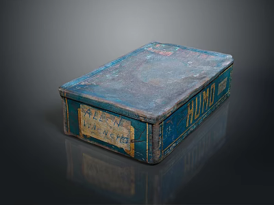 Vintage Decorative Ornament Combination With Blue Green Distressed Metal Box And Retro Labels 3d model