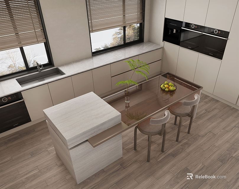 Modern Kitchen Interior Design With Island Counter Cabinets Windows Dining Table And Chairs 3d model 
