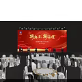 Event Stage With Red Background Large Screen Lighting Effects White Tables Chairs 3d model