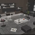 Modern Beige Sectional Sofa And White Coffee Table Set With Gray Rug And Black Ottomans