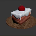 Red Velvet Cake Topped with White Frosting and Red Apple on Wooden Tray