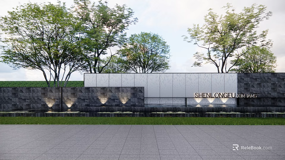 Modern Scenic Feature Wall Surrounded By Trees And Lawn With Integrated Lighting And Paved Ground 3d model 