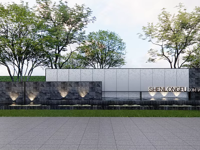 Modern Scenic Feature Wall Surrounded By Trees And Lawn With Integrated Lighting And Paved Ground 3d model