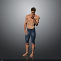Shirtless Man Standing Full Body in Blue Denim Shorts and Barefoot