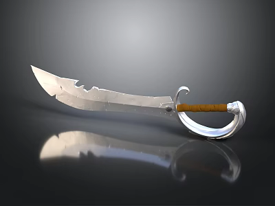 Unique Curved Blade Weapon With Silver Metal Serrated Edge And Brown Wooden Handle 3d model