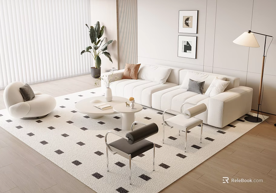 Modern Sofa And Coffee Table Set With White Upholstery Black White Rug And Floor Lamp 3d model 