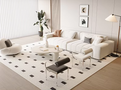 Modern Sofa And Coffee Table Set With White Upholstery Black White Rug And Floor Lamp 3d model