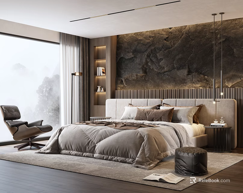 Modern Bedroom Interior With Textured Stone Wall Large Bed Mountain View Window And Leather Armchair 3d model 