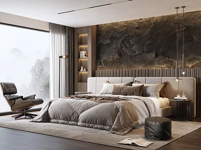Modern Bedroom Interior With Textured Stone Wall Large Bed Mountain View Window And Leather Armchair 3d model