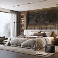 Modern Bedroom Interior With Textured Stone Wall Large Bed Mountain View Window And Leather Armchair
