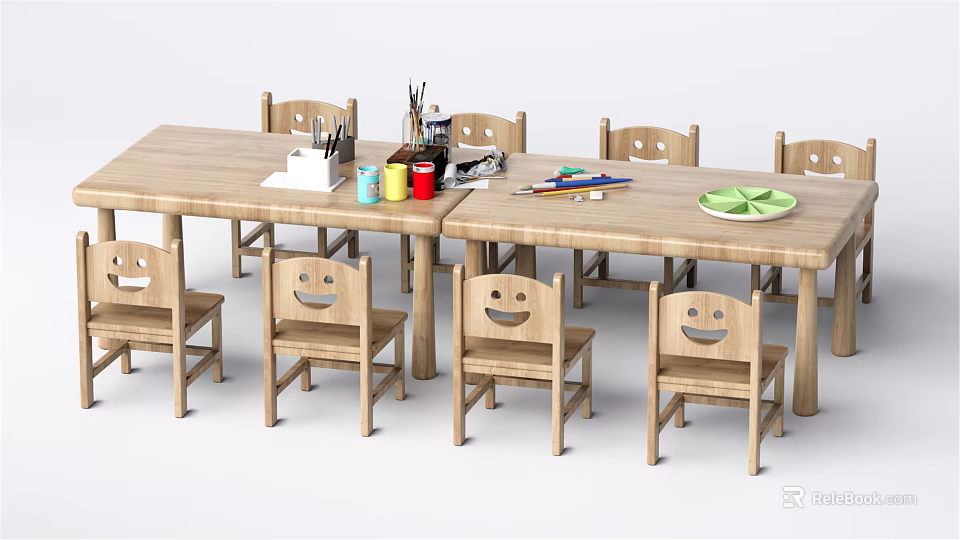 Wooden Kids Activity Table with Smiley Chairs and Art Supplies for Playroom 3d model 