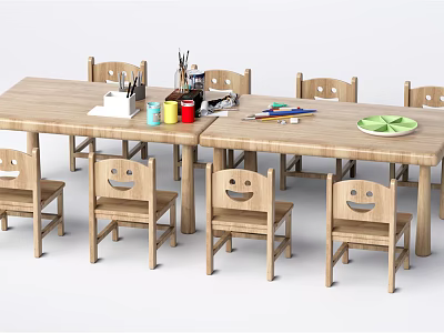 Wooden Kids Activity Table with Smiley Chairs and Art Supplies for Playroom 3d model