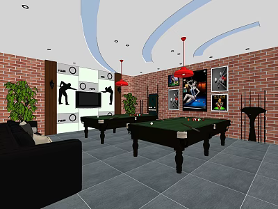 Billiard Room Interior With Multiple Tables Brick Walls Framed Posters And Red Pendant Lights 3d model