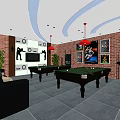 Billiard Room Interior With Multiple Tables Brick Walls Framed Posters And Red Pendant Lights