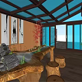 Villa Balcony Design With Glass Roof Wooden Structure And Stone Decorations