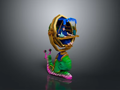 Snail Shaped Building Component With Golden Frame Blue Roof And Green Pink Spiral Base 3d model