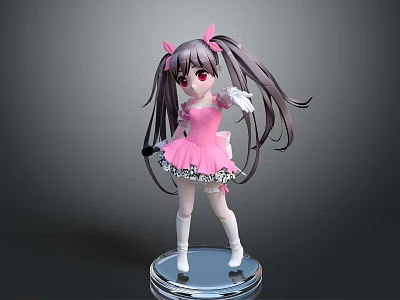 Cute Anime Doll with Pink Dress Long Dark Pigtails and White Socks on Transparent Base 3d model