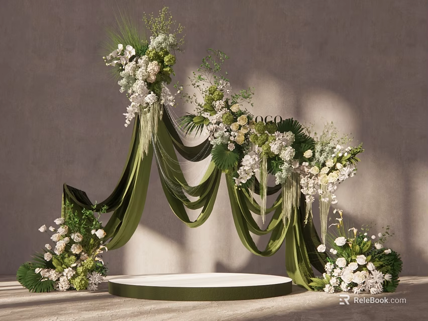 Elegant Floral Installation With Green Drapery And White Flowers On Round Platform 3d model 