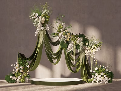 Elegant Floral Installation With Green Drapery And White Flowers On Round Platform 3d model