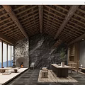 Rustic Teahouse Interior With Wooden Roof Beams Stone Wall Fireplace Shoji Windows And Tea Table