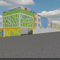 Colorful School Building Exterior with Geometric Patterns Multiple Windows Against Blue Sky with White Clouds 3d model