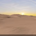Desert Landscape with Rolling Sand Dunes Bathed in Sunset Light and Wispy Clouds