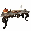 Mystical Halloween Scene With Jack O Lantern Skulls Cauldron Candles Open Book And Ghostly Cloak